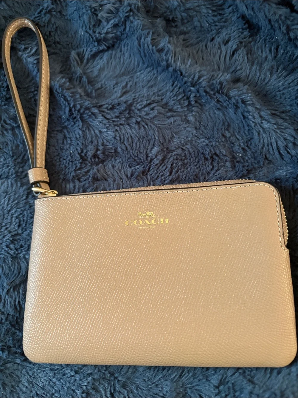 Coach Tan Pebbled Leather Wristlet with Gold Accent